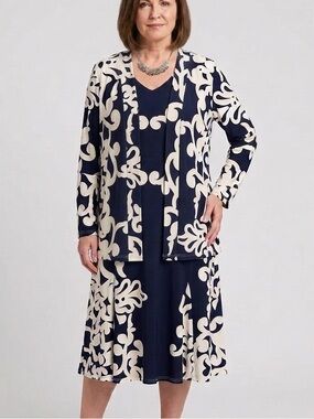 🇨🇦NWOT VICTORIA COLLECTION Black & White Printed Two-Piece Dress and Jacket 2X